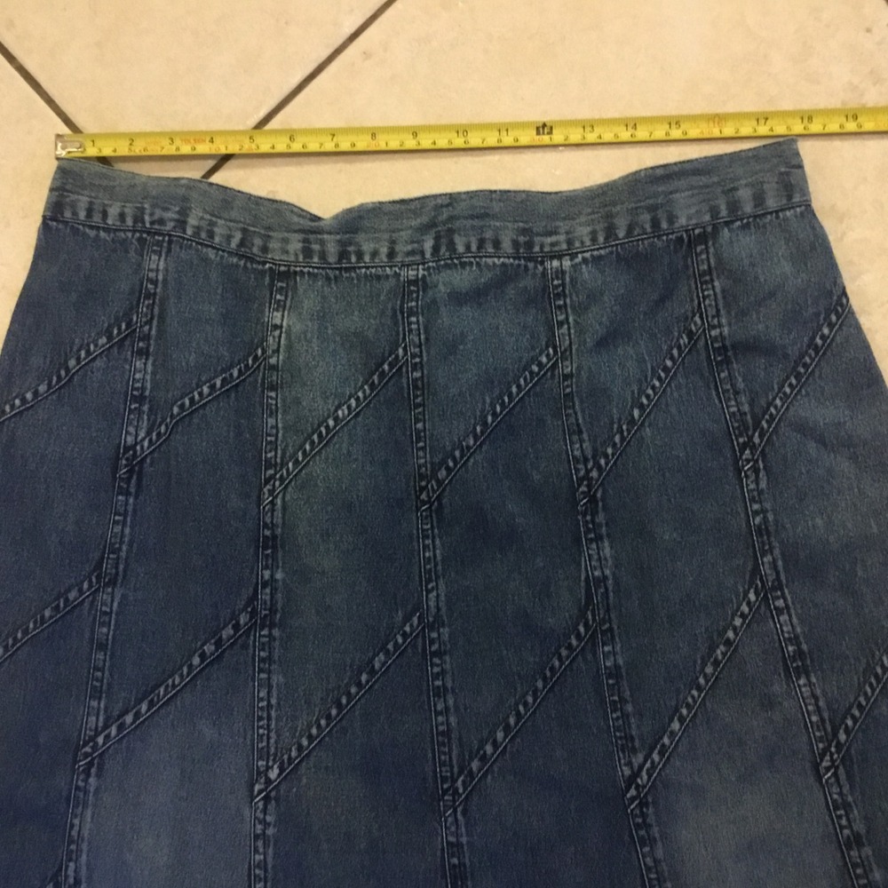 Blue Patchwork Denim Skirt‎ Vintage XL A-Line Elastic Back Boho Midi 100 Cotton - Picture 5 of 8